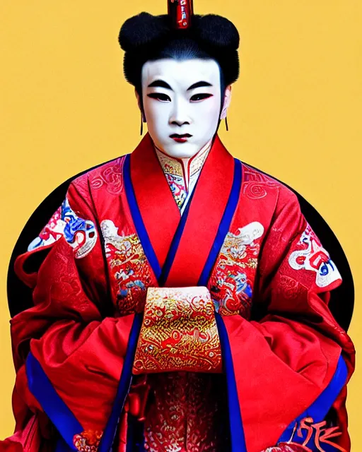 Image similar to photo of a Dramatic Peking Opera male character wearing elaborate makeup and full chinede opera costume in the style of stefan kostic, realistic, sharp focus, symmetric, 8k high definition, insanely detailed, intricate, elegant, art by stanley lau and artgerm, William-Adolphe Bouguereau