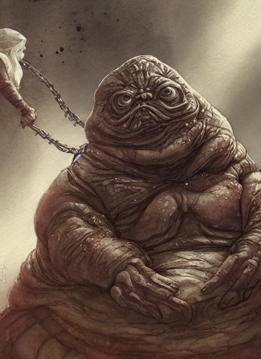 Prompt: portrait, Jabba the Hutt doing jumping jacks, watercolor, dramatic lighting, cinematic, establishing shot, extremely high detail, foto realistic, cinematic lighting, pen and ink, intricate line drawings, by Yoshitaka Amano, Ruan Jia, Kentaro Miura, Artgerm, post processed, concept art, artstation, matte painting, style by eddie mendoza, raphael lacoste, alex ross