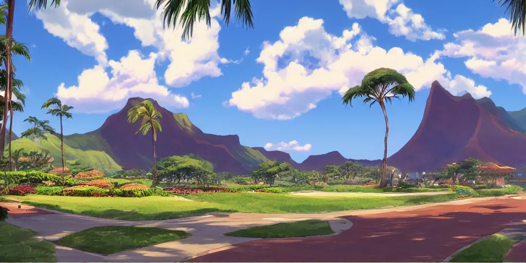 Prompt: background plate matte painting ghibli pixar dreamworks vista hawaii.