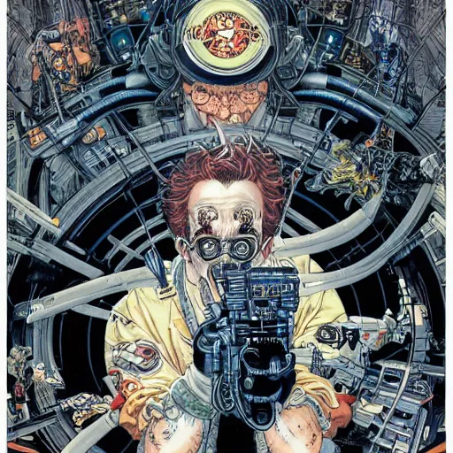 Image similar to portrait of crazy ghostbuster, symmetrical, by yoichi hatakenaka, masamune shirow, josan gonzales and dan mumford, ayami kojima, takato yamamoto, barclay shaw, karol bak, yukito kishiro