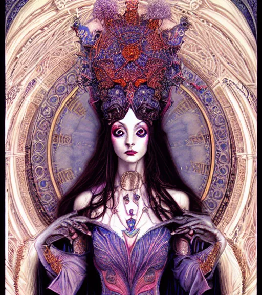 Prompt: symmetrical painting, a beautiful female sorceress in dress, pretty, detailed and intricate, perfect body shape, perfect face, hypermaximalist, elegant, ornate, luxury, elite, matte painting, cinematic lighting, james jean, brian froud, wayne barlowe,