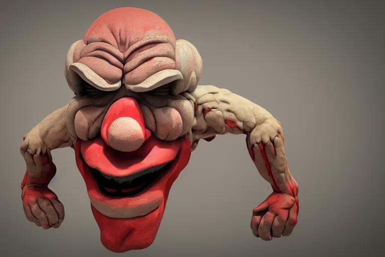 Image similar to a giant horrific clown in the distance, made of flesh and muscles, 3 d render, blender,