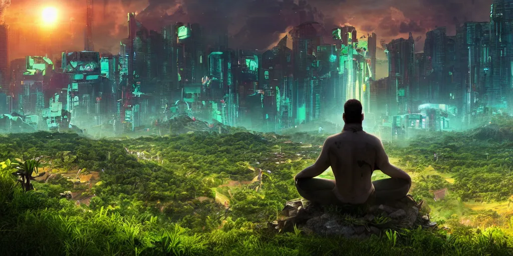 Image similar to a cinematic composition depicting : a computer run lush civilization encroaching on a degrading cyberpunk world, on top of the mountain a mysterious man sits in a lotus pose using his transformative energy to transition to a hopeful and lush foresty solarpunk valley at sunrise