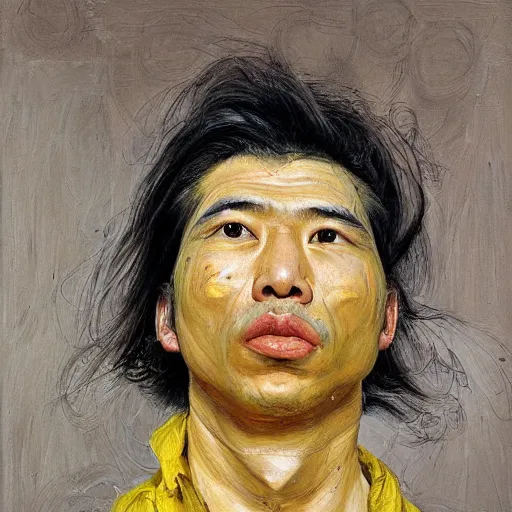 Prompt: detailed oil painting, an asian man with long hair, beautiful face, mustard yellow background, medium portrait, lucian freud, jenny saville
