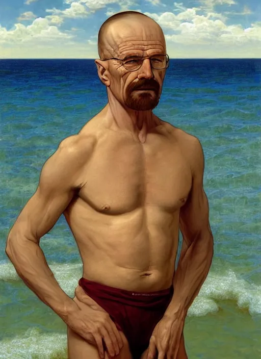 Prompt: portrait Walter White as sea lifeguard on the beach, full length shot, shining, 8k highly detailed, sharp focus, illustration, art by artgerm, mucha, bouguereau