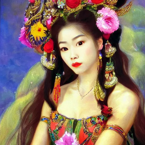 Prompt: a close - up detailed realistic oil painted portrait of a stunning beautiful young asian fantasy princess with flowing hair, wearing colorful ornate headdress, flowers, and jewelry, in the style of john singer sargent
