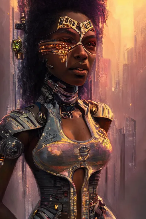 Image similar to portrait of a beautiful young Black woman, cyberpunk, Warhammer, highly detailed, artstation, illustration, art by Gustav Klimt