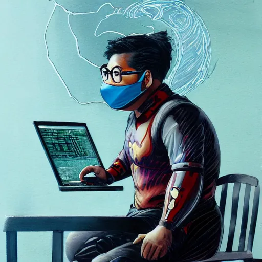 Image similar to an insanely detailed painting of a chubby nerdy asian man wearing a homemade superhero costume and mask, sitting at a computer desk typing on the keyboard, in the style of peter mohrbacher, dramatic lighting and composition, trending on artstation, concept art, comic book, graphic novel, back view