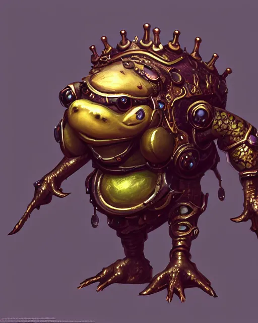 Image similar to a slimy anthropomorphic toad king wearing ornate steampunk armor, smooth, intricate, elegant, digital painting, artstation, steam, grungy steel, concept art, sharp focus, octane render, illustration, art by riot studios, overwatch character,