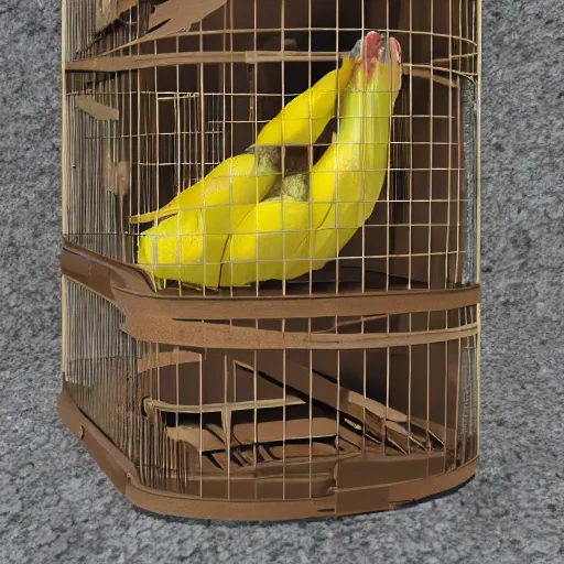 Prompt: a photo of a bird cage with a banana inside it, realistic, ultra high detail, 8 k.