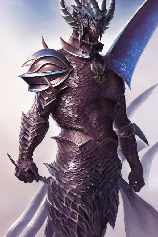 Image similar to Full body character concept art of an anime draconian warrior knight, iridescent scales, cool face, muscular, by Stanley Artgerm Lau, WLOP, Rossdraws, James Jean, Andrei Riabovitchev, Marc Simonetti, and Sakimichan, tranding on artstation