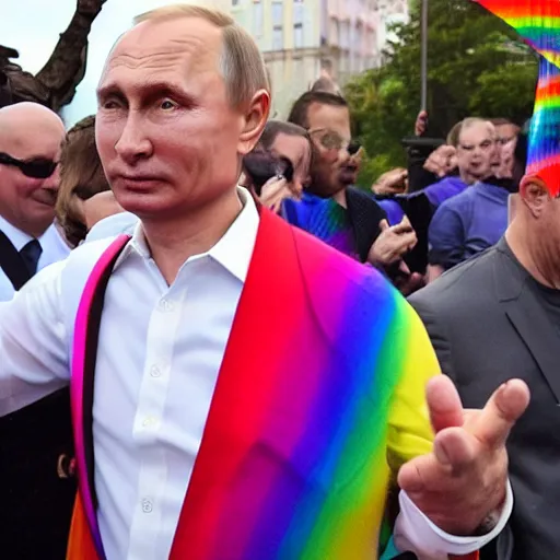 Prompt: Vladimir Putin wearing rainbow suit, Gay pride, rainbow flags, Professional Photography, Photorealistic