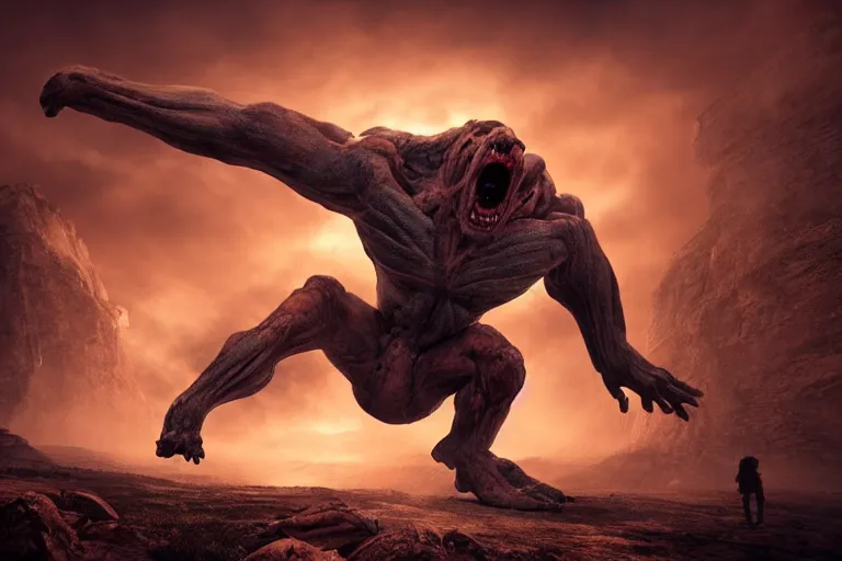 Prompt: a giant screaming titan in the distance, made of flesh and muscles, photograph, ambient lighting, picture, photo, cinematic lighting, terror, horror, scary,