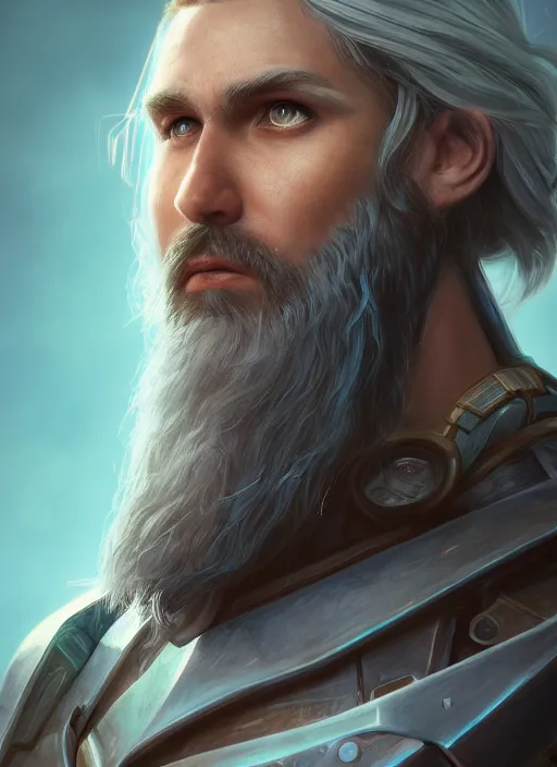 Image similar to an epic fantastic realism comic book style portrait painting of an aasimar paladin, male, shaggy silver hair, short brown beard, d & d concept art, unreal 5, daz, teal aesthetic, octane render, cosplay, rpg portrait, dynamic lighting