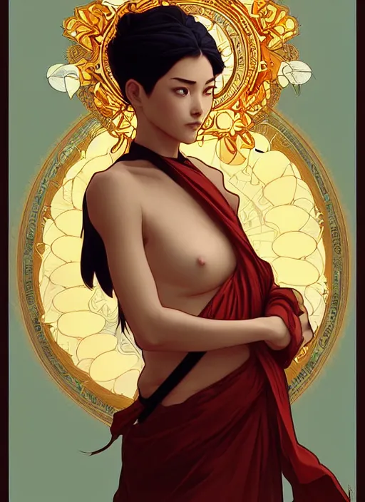 Image similar to A beautiful female monk, highly detailed, digital painting, smooth, sharp focus, symmetrical tarot illustration, art by artgerm and alphonse mucha, high definition digital art, in the style of Ross tran and ilya kuvshinov