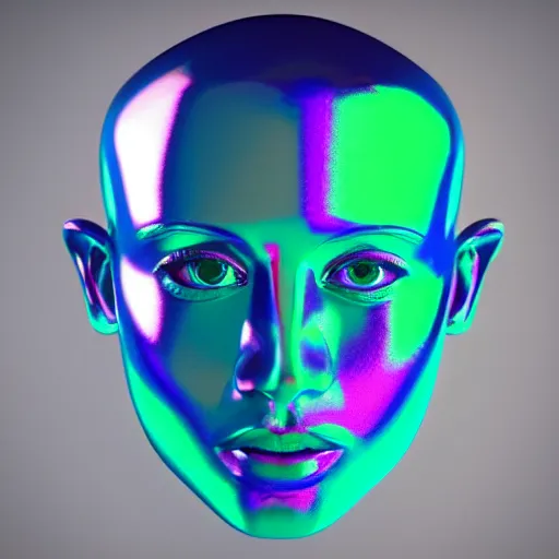 Image similar to 3d render of holographic human robotic head made of glossy iridescent, surrealistic 3d illustration of a human face non-binary, non binary model, 3d model human, cryengine, made of holographic texture, holographic material, holographic rainbow, concept of cyborg and artificial intelligence