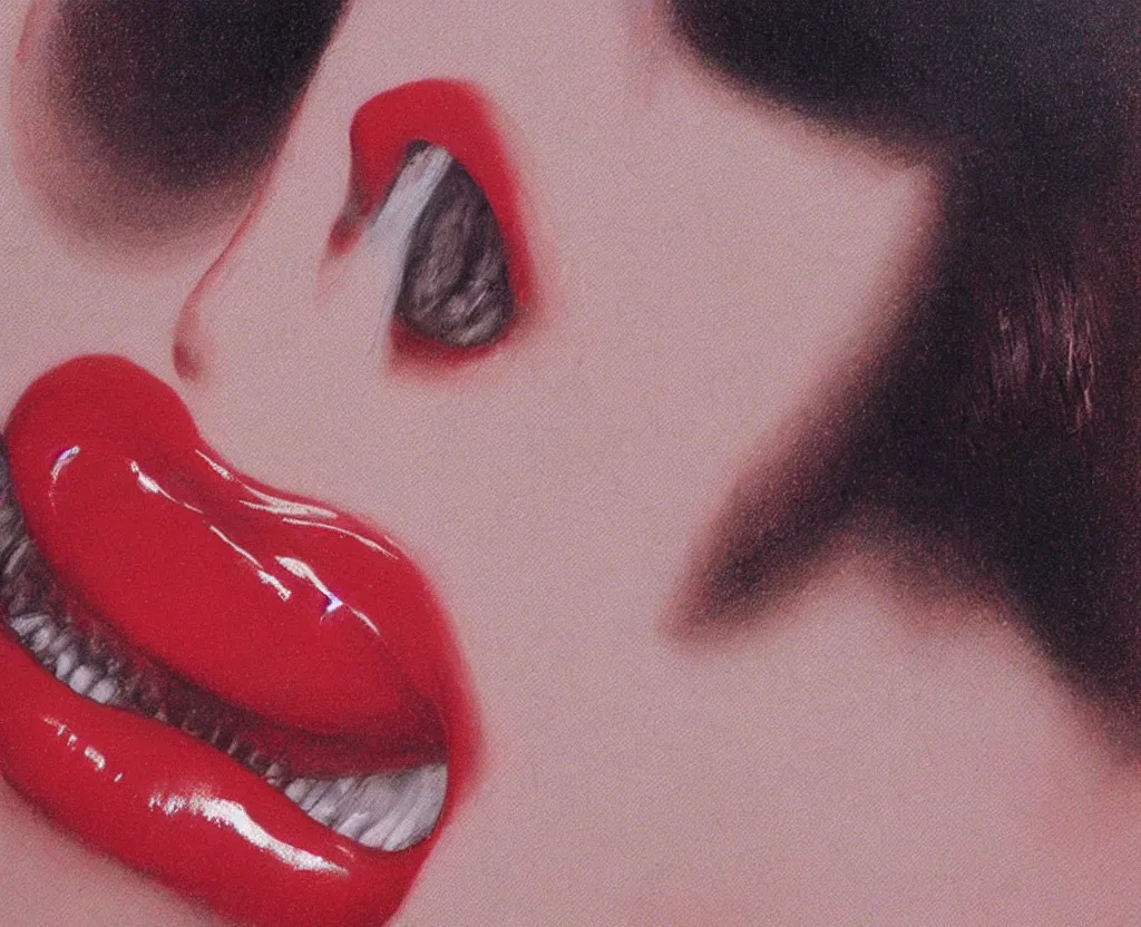 Prompt: realistic and detailed soft airbrush of a glossy scarlet red mouth on white background, inspired by 8 0's airbrush illustrations, art by masao saito