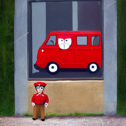 Image similar to postman pat visits a gallery with his cat jess, red van, white gallery, contemporary art, photorealistic