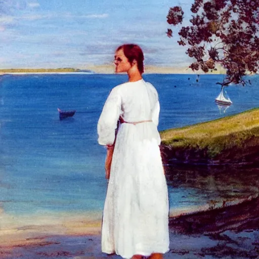 Image similar to a young woman wearing a white dress on a Swedish beach, a small rowboat is visible, in the style of zorn