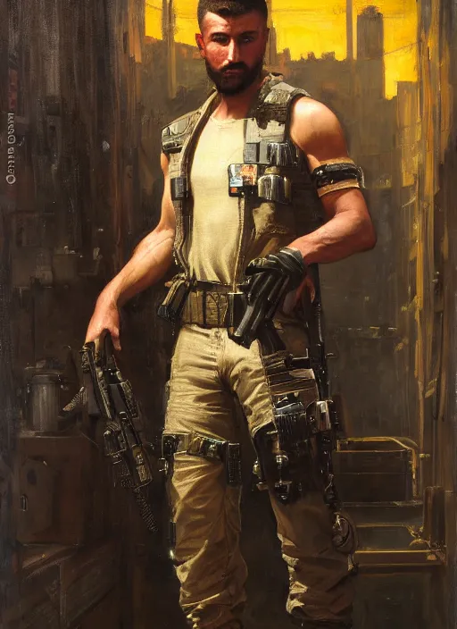 Prompt: arthur cyberpunk USN marine wearing a military vest and military jumpsuit (cyberpunk 2077, bladerunner 2049). Iranian orientalist portrait by john william waterhouse and Edwin Longsden Long and Theodore Ralli and Nasreddine Dinet, oil on canvas. Cinematic, hyper realism, realistic proportions, dramatic lighting, high detail 4k