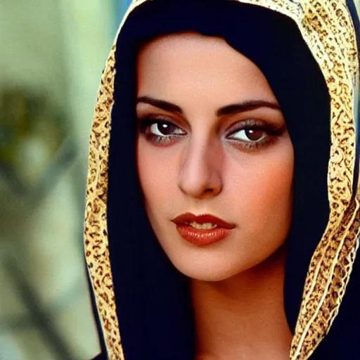 Image similar to young Monica Belluci as an Arab woman, tanned skintone, bright blue eyes, white veil, portrait