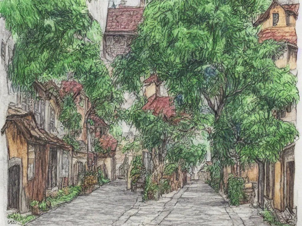 Image similar to a street in a old small village, some foliage, color pencils and watercolor, detailed