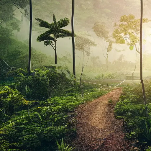 Prompt: an expansive view of a path leading to a futuristic containment building in a forested valley and lush mountains in the distance, tropical, national geographic, hyper realistic, 4 k, hazy light