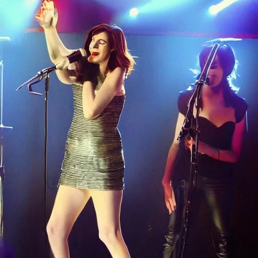 Prompt: Anne Hathaway as a rock singer on the stage