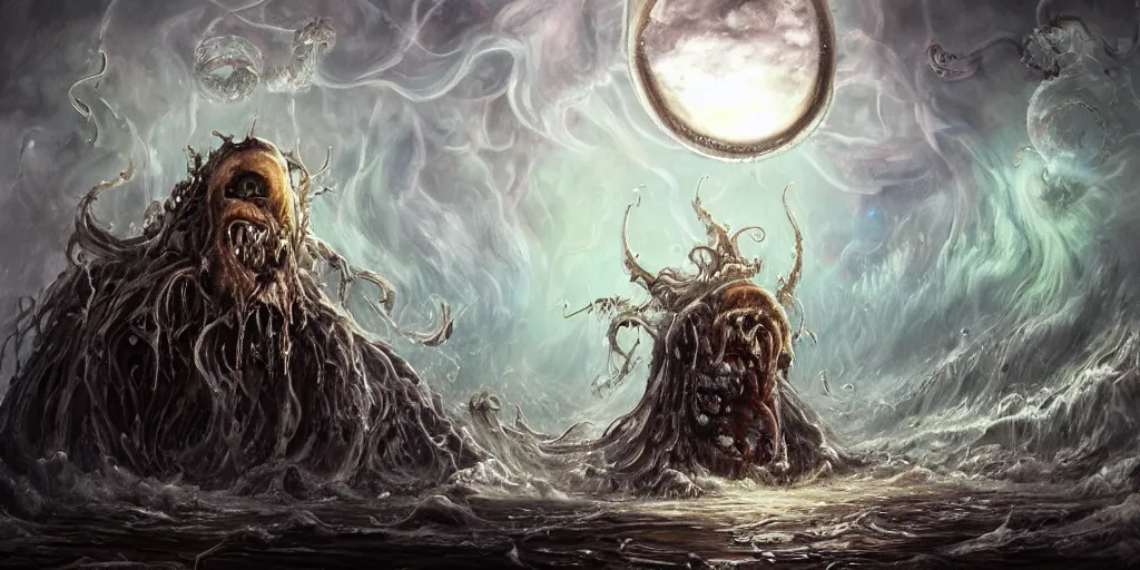 Image similar to concept art of giant translucent jellyfishes, lovecraftian, lots of teeth, melting horror, round moon, rich clouds, fighting the horrors of the unknown, high resolution, very detailed, roaring, volumetric light, mist, grim, fine art, decaying, textured oil over canvas, epic fantasy art, very colorful, ornate, anato finnstark