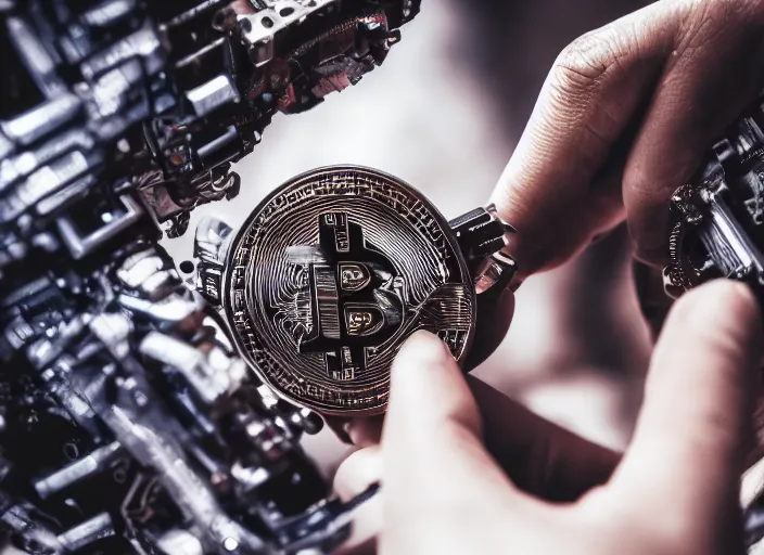 Image similar to mechanical cybernetic hand holding a bitcoin. centered. horror cyberpunk dystopia style. highly detailed 8 k. intricate. nikon d 8 5 0 3 0 0 mm. award winning photography.