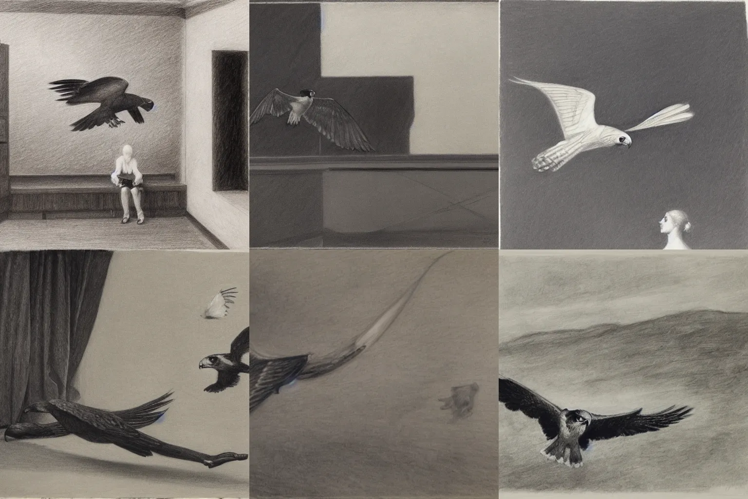 Prompt: a falcon flies away from the falconers glove. pencil drawing by edward hopper and fernand khnopff