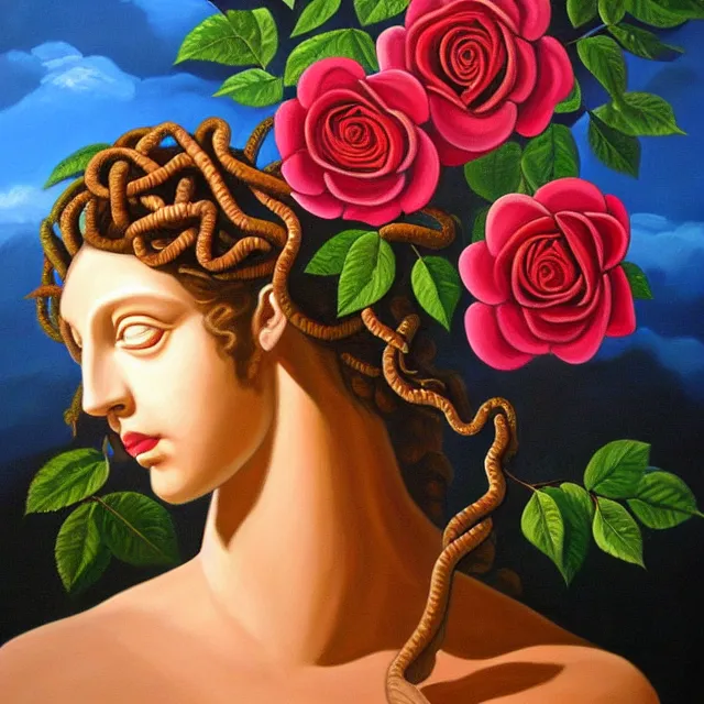 Prompt: a beautiful painting medusa's head is in the rose, by theoretical part painting