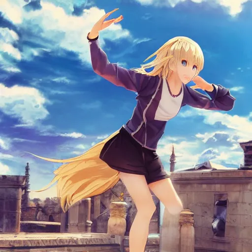 Prompt: blonde - haired princess, anime princess, wearing casual clothes, action pose, parkour, plaza, greco - roman pillars, golden hour, partly cloudy sky, sepia sun, strong lighting, strong shadows, vivid hues, ultra - realistic, sharp details, subsurface scattering, intricate details, hd anime, 2 0 1 9 anime