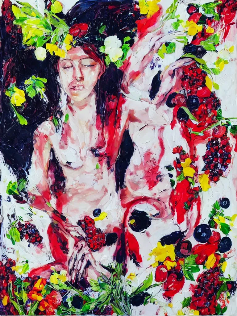 Prompt: “art in an Australian artist’s apartment, organic, portrait of a woman wearing white silk, neoexpressionist, eating luscious fresh raspberries and strawberries and blueberries, edible flowers, black background, acrylic and spray paint and wax and oilstick on canvas”