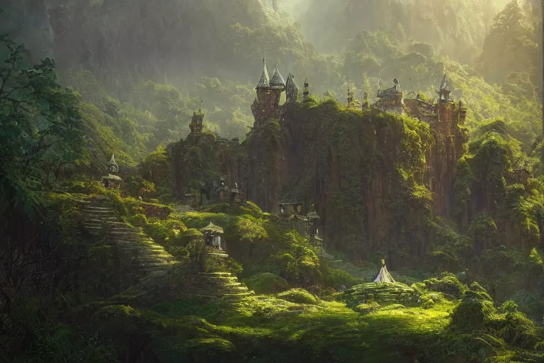 Image similar to single small fantasy castle, highly detailed, on lush green hills with a forest in the background, illustrated by Greg Rutkowski and Gaston Bussiere, 35mm lens, beautiful macro close-up imagery, lush lighting, beautiful volumetric-lighting-style atmosphere