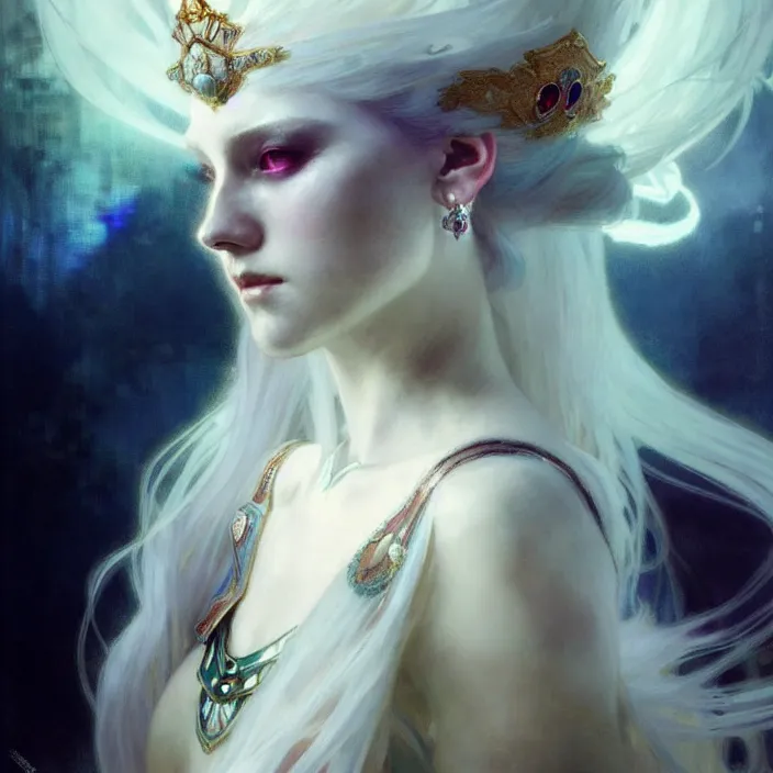 Prompt: a beatiful white haired princess, adorned with precious stone jewelry, intricate concept art, ethereal, ominous, dramatic lighting, Ruan Jia and Jeremy Mann and Alphonse Mucha