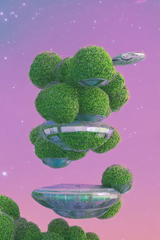 Image similar to multi level botanical garden spaceship floating in space, calm, tranquil, faded effect, detailed, vaporwave colors, render by substance designer