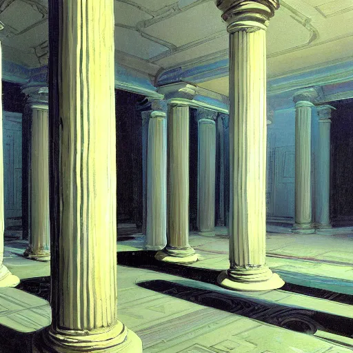 Image similar to painting of a scifi ancient civilzation victorian empty room with pillars, syd mead, franz ludwig