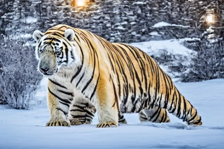 Image similar to a tiger polar bear!!! hybrid! hyper realistic!! realistic lighting!! wildlife photographer of the year!!! bold natural colors, national geographic, hd, wide angle, 8 k