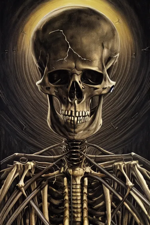 Image similar to an extremely high quality hd a painting of a skeleton with a halo around it's head, poster art by hans ruedi giger, behance contest winner, vanitas, apocalypse art, cosmic horror, darksynth, 8 k, ultra realistic, very realistic