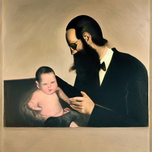Prompt: laszlo moholy painting of beard grandpa taking a photo to a baby girl