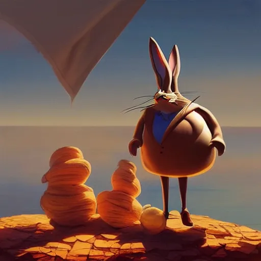 Image similar to salvadore dali cosplay bugs bunny, art by wgreg rutkowski. during golden hour. extremely detailed.