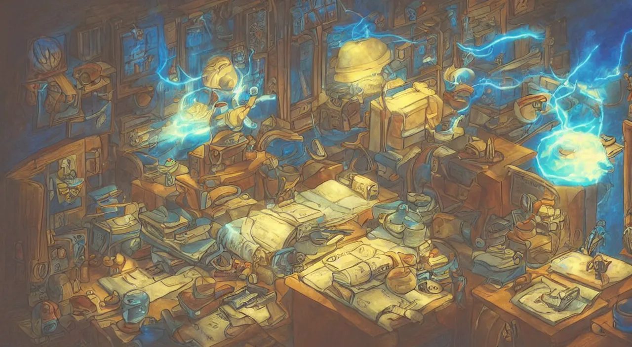 Image similar to cartoon wizard, scrolls of magic , blue light , shelves of scrolls and magic books , pot of alchemy , Dramatic lighting, Epic composition, Wide angle, by Miyazaki, Nausicaa Ghibli