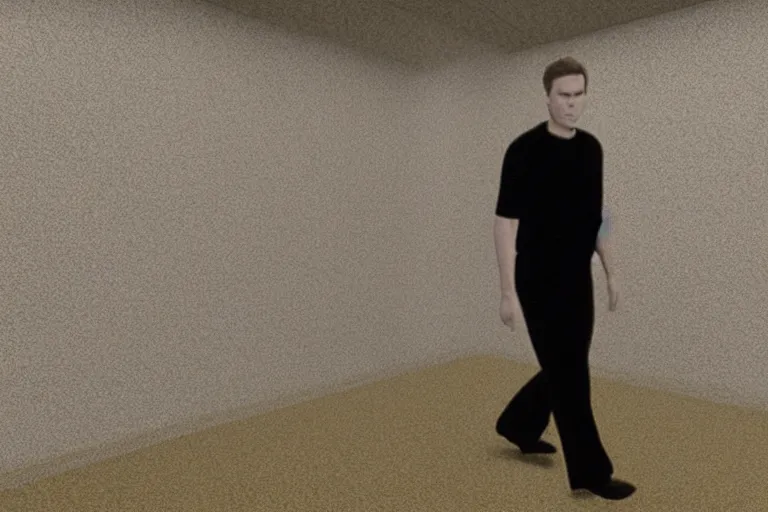 Prompt: vhs video effect | 3 d render of jerma 9 8 5, jerma walking around in the backrooms, jerma walking in endless halls of completely empty office space with worn light mono - yellow 7 0 s wallpaper, old moist carpet, and inconsistently - placed fluorescent lighting | liminal space | non - euclidean space | high octane | blender