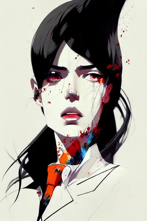 Image similar to a ultradetailed beautiful panting of a stylish woman, she is wearing a white shirt with a tie and black pants, by conrad roset, greg rutkowski and makoto shinkai trending on artstation