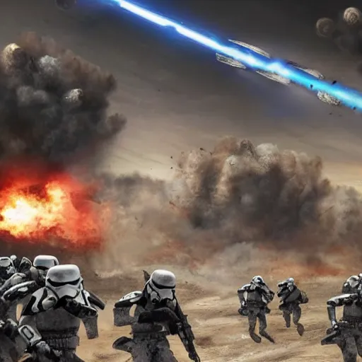 Image similar to hyper realism, realistic apocalyptic war scene, explosions, science - fiction soldiers running with armour like stormtroopers in the middle of explosions and bullets, view from far away,