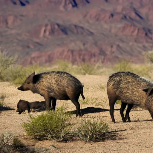 Image similar to photo of a pack of wild pigs, in the Texas desert, cactus, desert mountains, big bend, 50mm, beautiful photo,