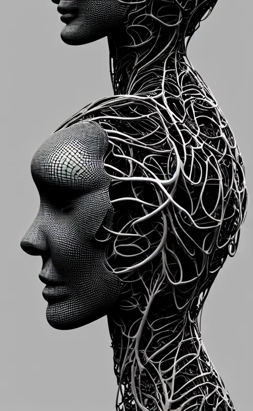 Prompt: black and white complex 3d render of a beautiful profile woman face, vegetal dragon cyborg, 150 mm, magnolia stems, roots, fine lace, maze like, mandelbot fractal, anatomical, facial muscles, cable wires, microchip, elegant, highly detailed, black metalic armour, rim light, octane render, H.R. Giger style