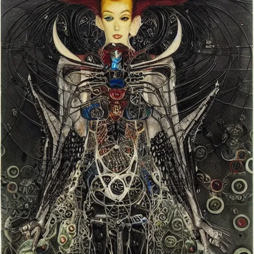Prompt: winged cybernetic vampire with horns trapped in circuitry, intricate detail, miro, royo, whealan, klimt,