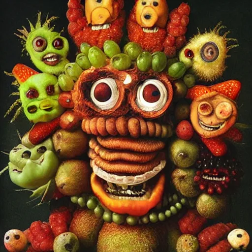 Prompt: giuseppe arcimboldo, fruit monster, new scifi movie